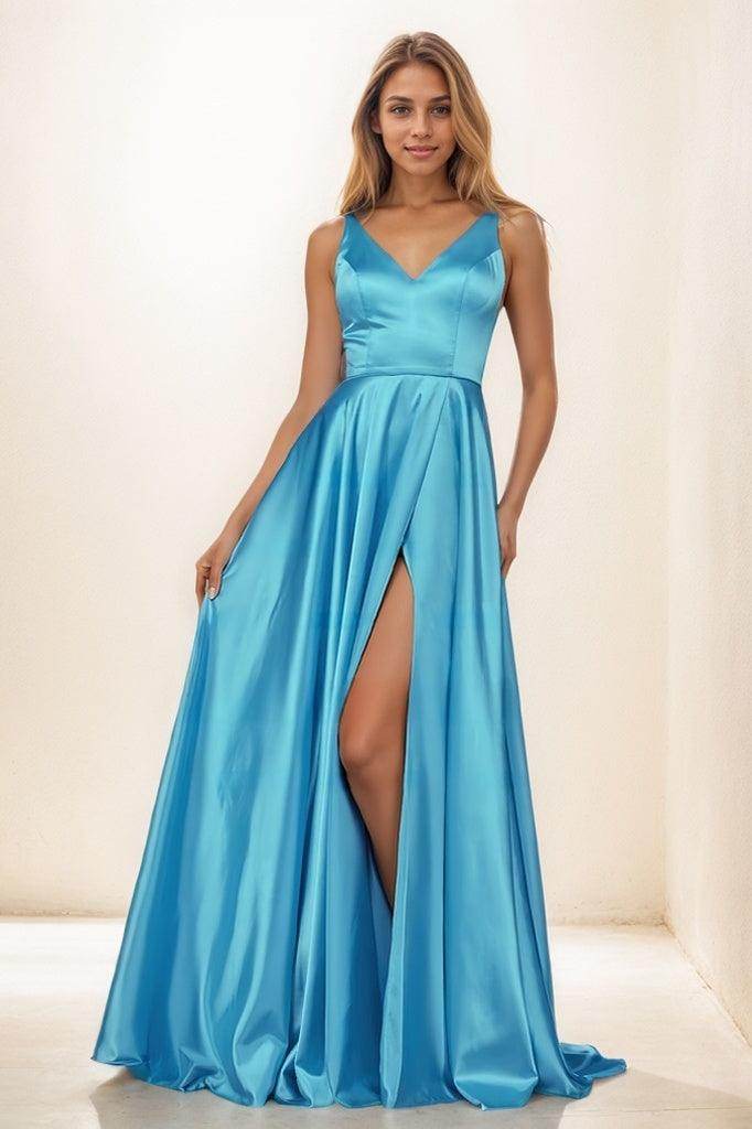 V Neck High Split A Line Sweep Train Satin Prom Dresses CS0853 - COCOMELODY